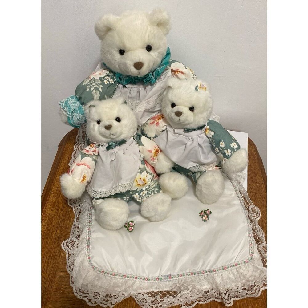 1990’s Vintage Plush Creations Inc Stuffed White Teddy Bears Green Floral Outfit